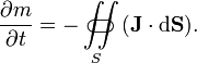 {\partial m \over \partial t}={-\iint \limits _{{S}}\!\!\!\!\!\!\!\!\!\!\!\subset \!\supset ({\mathbf  {J}}\cdot {\mathrm  {d}}{\mathbf  {S}})}.