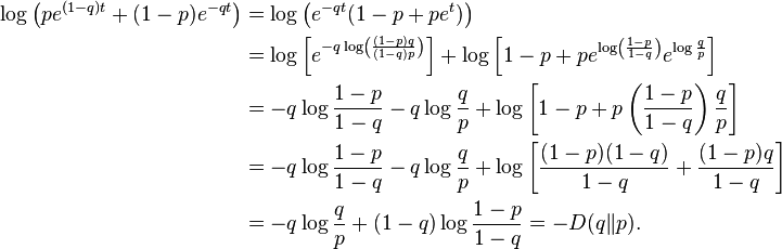 {\begin{aligned}\log \left(pe^{{(1-q)t}}+(1-p)e^{{-qt}}\right)&=\log \left(e^{{-qt}}(1-p+pe^{t})\right)\\&=\log \left[e^{{-q\log \left({\frac  {(1-p)q}{(1-q)p}}\right)}}\right]+\log \left[1-p+pe^{{\log \left({\frac  {1-p}{1-q}}\right)}}e^{{\log {\frac  {q}{p}}}}\right]\\&=-q\log {\frac  {1-p}{1-q}}-q\log {\frac  {q}{p}}+\log \left[1-p+p\left({\frac  {1-p}{1-q}}\right){\frac  {q}{p}}\right]\\&=-q\log {\frac  {1-p}{1-q}}-q\log {\frac  {q}{p}}+\log \left[{\frac  {(1-p)(1-q)}{1-q}}+{\frac  {(1-p)q}{1-q}}\right]\\&=-q\log {\frac  {q}{p}}+(1-q)\log {\frac  {1-p}{1-q}}=-D(q\|p).\end{aligned}}