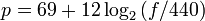 p=69+12\log _{2}{(f/440)}