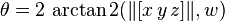 \theta =2\,\arctan 2(\|[x\,y\,z]\|,w)\,