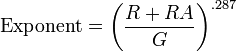 {\mathrm  {Exponent}}=\left({\frac  {R+RA}G}\right)^{{.287}}