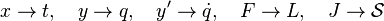 x\rightarrow t,\quad y\rightarrow q,\quad y'\rightarrow {\dot  {q}},\quad F\rightarrow L,\quad J\rightarrow {\mathcal  {S}}