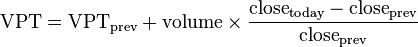 {\text{VPT}}={\text{VPT}}_{{\text{prev}}}+{\text{volume}}\times {{\text{close}}_{{\text{today}}}-{\text{close}}_{{\text{prev}}} \over {\text{close}}_{{\text{prev}}}}