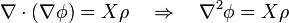 \nabla \cdot (\nabla \phi )=X\rho \quad \Rightarrow \quad \nabla ^{2}\phi =X\rho 