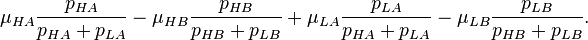 \mu _{{HA}}{\frac  {p_{{HA}}}{p_{{HA}}+p_{{LA}}}}-\mu _{{HB}}{\frac  {p_{{HB}}}{p_{{HB}}+p_{{LB}}}}+\mu _{{LA}}{\frac  {p_{{LA}}}{p_{{HA}}+p_{{LA}}}}-\mu _{{LB}}{\frac  {p_{{LB}}}{p_{{HB}}+p_{{LB}}}}.