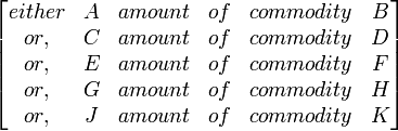 {\begin{bmatrix}either&A&amount&of&commodity&B\\or,&C&amount&of&commodity&D\\or,&E&amount&of&commodity&F\\or,&G&amount&of&commodity&H\\or,&J&amount&of&commodity&K\\\end{bmatrix}}