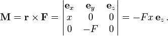 {\mathbf  {M}}={\mathbf  {r}}\times {\mathbf  {F}}=\left|{\begin{matrix}{\mathbf  {e}}_{x}&{\mathbf  {e}}_{y}&{\mathbf  {e}}_{z}\\x&0&0\\0&-F&0\end{matrix}}\right|=-Fx\,{\mathbf  {e}}_{z}\,.