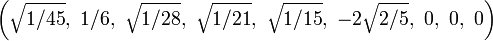 \left({\sqrt  {1/45}},\ 1/6,\ {\sqrt  {1/28}},\ {\sqrt  {1/21}},\ {\sqrt  {1/15}},\ -2{\sqrt  {2/5}},\ 0,\ 0,\ 0\right)