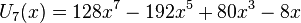 U_{7}(x)=128x^{7}-192x^{5}+80x^{3}-8x\,