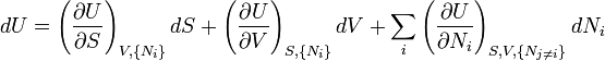 dU=\left({\frac  {\partial U}{\partial S}}\right)_{{V,\{N_{i}\}}}dS+\left({\frac  {\partial U}{\partial V}}\right)_{{S,\{N_{i}\}}}dV+\sum _{i}\left({\frac  {\partial U}{\partial N_{i}}}\right)_{{S,V,\{N_{{j\neq i}}\}}}dN_{i}