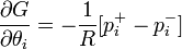 {\frac  {\partial {G}}{\partial {\theta _{{i}}}}}=-{\frac  {1}{R}}[p_{{i}}^{{+}}-p_{{i}}^{{-}}]