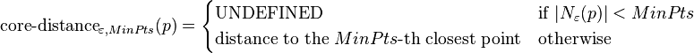 {\text{core-distance}}_{{\varepsilon ,MinPts}}(p)={\begin{cases}{\text{UNDEFINED}}&{\text{if }}|N_{\varepsilon }(p)|<MinPts\\{\text{distance to the }}MinPts{\text{-th closest point}}&{\text{otherwise}}\end{cases}}