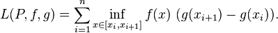 L(P,f,g)=\sum _{{i=1}}^{n}\inf _{{x\in [x_{i},x_{{i+1}}]}}f(x)\,\,(g(x_{{i+1}})-g(x_{i})).