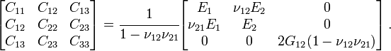 {\begin{bmatrix}C_{{11}}&C_{{12}}&C_{{13}}\\C_{{12}}&C_{{22}}&C_{{23}}\\C_{{13}}&C_{{23}}&C_{{33}}\end{bmatrix}}={\cfrac  {1}{1-\nu _{{12}}\nu _{{21}}}}{\begin{bmatrix}E_{1}&\nu _{{12}}E_{2}&0\\\nu _{{21}}E_{1}&E_{2}&0\\0&0&2G_{{12}}(1-\nu _{{12}}\nu _{{21}})\end{bmatrix}}\,.