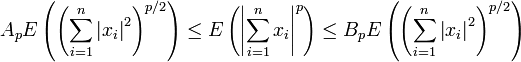 A_{{p}}E\left(\left(\sum _{{i=1}}^{{n}}\left\vert x_{{i}}\right\vert ^{{2}}\right)_{{{}}}^{{p/2}}\right)\leq E\left(\left\vert \sum _{{i=1}}^{{n}}x_{{i}}\right\vert ^{{p}}\right)\leq B_{{p}}E\left(\left(\sum _{{i=1}}^{{n}}\left\vert x_{{i}}\right\vert ^{{2}}\right)_{{{}}}^{{p/2}}\right)