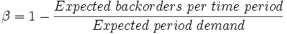 \beta =1-{\frac  {Expected~backorders~per~time~period}{Expected~period~demand}}