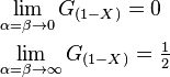 {\begin{aligned}&\lim _{{\alpha =\beta \to 0}}G_{{(1-X)}}=0\\&\lim _{{\alpha =\beta \to \infty }}G_{{(1-X)}}={\tfrac  {1}{2}}\end{aligned}}