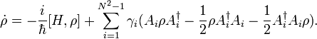 {\dot  \rho }=-{i \over \hbar }[H,\rho ]+\sum _{{i=1}}^{{N^{2}-1}}\gamma _{{i}}{\big (}A_{i}\rho A_{i}^{\dagger }-{\frac  {1}{2}}\rho A_{i}^{\dagger }A_{i}-{\frac  {1}{2}}A_{i}^{\dagger }A_{i}\rho {\big )}.