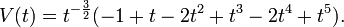 V(t)=t^{{-{3 \over 2}}}(-1+t-2t^{2}+t^{3}-2t^{4}+t^{5}).