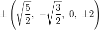 \pm \left({\sqrt  {{\frac  {5}{2}}}},\ -{\sqrt  {{\frac  {3}{2}}}},\ 0,\ \pm 2\right)