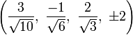 \left({\frac  {3}{{\sqrt  {10}}}},\ {\frac  {-1}{{\sqrt  {6}}}},\ {\frac  {2}{{\sqrt  {3}}}},\ \pm 2\right)