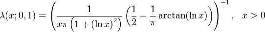 \lambda (x;0,1)=\left({\frac  {1}{x\pi \left(1+\left(\ln x\right)^{2}\right)}}\left({\frac  {1}{2}}-{\frac  {1}{\pi }}\arctan(\ln x)\right)\right)^{{-1}},\ \ x>0