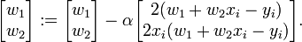 {\begin{bmatrix}w_{1}\\w_{2}\end{bmatrix}}:={\begin{bmatrix}w_{1}\\w_{2}\end{bmatrix}}-\alpha {\begin{bmatrix}2(w_{1}+w_{2}x_{i}-y_{i})\\2x_{i}(w_{1}+w_{2}x_{i}-y_{i})\end{bmatrix}}.