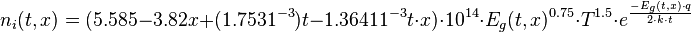 n_{{i}}(t,x)=(5.585-3.82x+(1.7531^{{-3}})t-1.36411^{{-3}}t\cdot x)\cdot 10^{{14}}\cdot E_{{g}}(t,x)^{{0.75}}\cdot T^{{1.5}}\cdot e^{{{\frac  {-E_{{g}}(t,x)\cdot q}{2\cdot k\cdot t}}}}