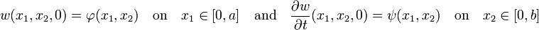 w(x_{1},x_{2},0)=\varphi (x_{1},x_{2})\quad {\text{on}}\quad x_{1}\in [0,a]\quad {\text{and}}\quad {\frac  {\partial w}{\partial t}}(x_{1},x_{2},0)=\psi (x_{1},x_{2})\quad {\text{on}}\quad x_{2}\in [0,b]