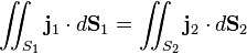 \int \!\!\!\!\int _{{S_{1}}}{\mathbf  {j}}_{1}\cdot d{\mathbf  {S}}_{1}=\int \!\!\!\!\int _{{S_{2}}}{\mathbf  {j}}_{2}\cdot d{\mathbf  {S}}_{2}