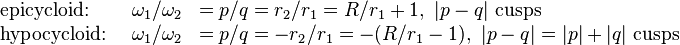 {\begin{array}{lcl}{\text{epicycloid: }}&\omega _{1}/\omega _{2}&=p/q=r_{2}/r_{1}=R/r_{1}+1,\ |p-q|{\text{ cusps}}\\{\text{hypocycloid: }}&\omega _{1}/\omega _{2}&=p/q=-r_{2}/r_{1}=-(R/r_{1}-1),\ |p-q|=|p|+|q|{\text{ cusps}}\end{array}}