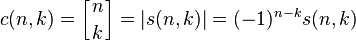 c(n,k)=\left[{n \atop k}\right]=|s(n,k)|=(-1)^{{n-k}}s(n,k)