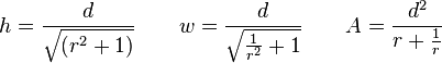 h={\frac  {d}{{\sqrt  {(r^{2}+1)}}}}\qquad w={\frac  {d}{{\sqrt  {{\frac  {1}{r^{2}}}+1}}}}\qquad A={\frac  {d^{2}}{r+{\frac  {1}{r}}}}