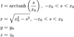 {\begin{aligned}t&=\operatorname {arctanh}\left({\frac  {s}{x_{0}}}\right),\;-x_{0}<s<x_{0}\\x&={\sqrt  {x_{0}^{2}-s^{2}}},\;-x_{0}<s<x_{0}\\y&=y_{0}\\z&=z_{0}\end{aligned}}