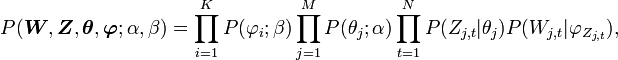 P({\boldsymbol  {W}},{\boldsymbol  {Z}},{\boldsymbol  {\theta }},{\boldsymbol  {\varphi }};\alpha ,\beta )=\prod _{{i=1}}^{K}P(\varphi _{i};\beta )\prod _{{j=1}}^{M}P(\theta _{j};\alpha )\prod _{{t=1}}^{N}P(Z_{{j,t}}|\theta _{j})P(W_{{j,t}}|\varphi _{{Z_{{j,t}}}}),