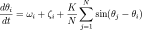 {\frac  {d\theta _{i}}{dt}}=\omega _{{i}}+\zeta _{{i}}+{\dfrac  {K}{N}}\sum _{{j=1}}^{N}\sin(\theta _{{j}}-\theta _{{i}})