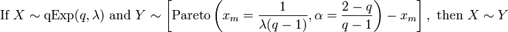 {\text{If }}X\sim {\mbox{qExp}}(q,\lambda ){\text{ and }}Y\sim \left[{\text{Pareto}}\left(x_{m}={1 \over {\lambda (q-1)}},\alpha ={{2-q} \over {q-1}}\right)-x_{m}\right],{\text{ then }}X\sim Y\,