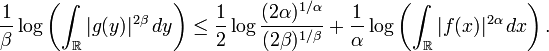 {\frac  1\beta }\log \left(\int _{{{\mathbb  R}}}|g(y)|^{{2\beta }}\,dy\right)\leq {\frac  12}\log {\frac  {(2\alpha )^{{1/\alpha }}}{(2\beta )^{{1/\beta }}}}+{\frac  1\alpha }\log \left(\int _{{{\mathbb  R}}}|f(x)|^{{2\alpha }}\,dx\right).