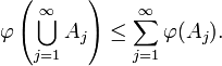 \varphi \left(\bigcup _{{j=1}}^{\infty }A_{j}\right)\leq \sum _{{j=1}}^{\infty }\varphi (A_{j}).