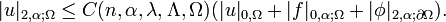 |u|_{{2,\alpha ;\Omega }}\leq C(n,\alpha ,\lambda ,\Lambda ,\Omega )(|u|_{{0,\Omega }}+|f|_{{0,\alpha ;\Omega }}+|\phi |_{{2,\alpha ;\partial \Omega }}).