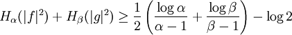 H_{\alpha }(|f|^{2})+H_{\beta }(|g|^{2})\geq {\frac  12}\left({\frac  {\log \alpha }{\alpha -1}}+{\frac  {\log \beta }{\beta -1}}\right)-\log 2