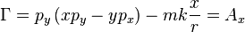 \Gamma =p_{{y}}\left(xp_{{y}}-yp_{{x}}\right)-mk{\frac  {x}{r}}=A_{{x}}