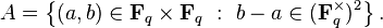 A=\left\{(a,b)\in {\mathbf  {F}}_{q}\times {\mathbf  {F}}_{q}\ :\ b-a\in ({\mathbf  {F}}_{q}^{{\times }})^{2}\right\}.