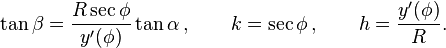 \tan \beta ={\frac  {R\sec \phi }{y'(\phi )}}\tan \alpha \,,\qquad k=\sec \phi \,,\qquad h={\frac  {y'(\phi )}{R}}.