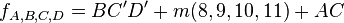 f_{{A,B,C,D}}=BC'D'+m(8,9,10,11)+AC\ 