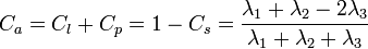 C_{a}=C_{l}+C_{p}=1-C_{s}={\frac  {\lambda _{1}+\lambda _{2}-2\lambda _{3}}{\lambda _{1}+\lambda _{2}+\lambda _{3}}}