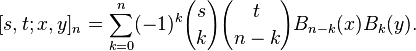 [s,t;x,y]_{n}=\sum _{{k=0}}^{n}(-1)^{k}{s \choose k}{t \choose {n-k}}B_{{n-k}}(x)B_{k}(y).