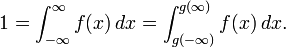 1=\int _{{-\infty }}^{{\infty }}f(x)\,dx=\int _{{g(-\infty )}}^{{g(\infty )}}f(x)\,dx.\!