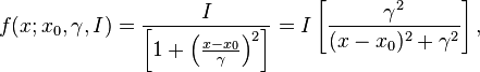 f(x;x_{0},\gamma ,I)={\frac  {I}{\left[1+\left({\frac  {x-x_{0}}{\gamma }}\right)^{2}\right]}}=I\left[{\gamma ^{2} \over (x-x_{0})^{2}+\gamma ^{2}}\right],