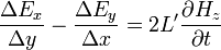 {\frac  {\Delta E_{x}}{\Delta y}}-{\frac  {\Delta E_{y}}{\Delta x}}=2L'{\frac  {\partial H_{z}}{\partial t}}